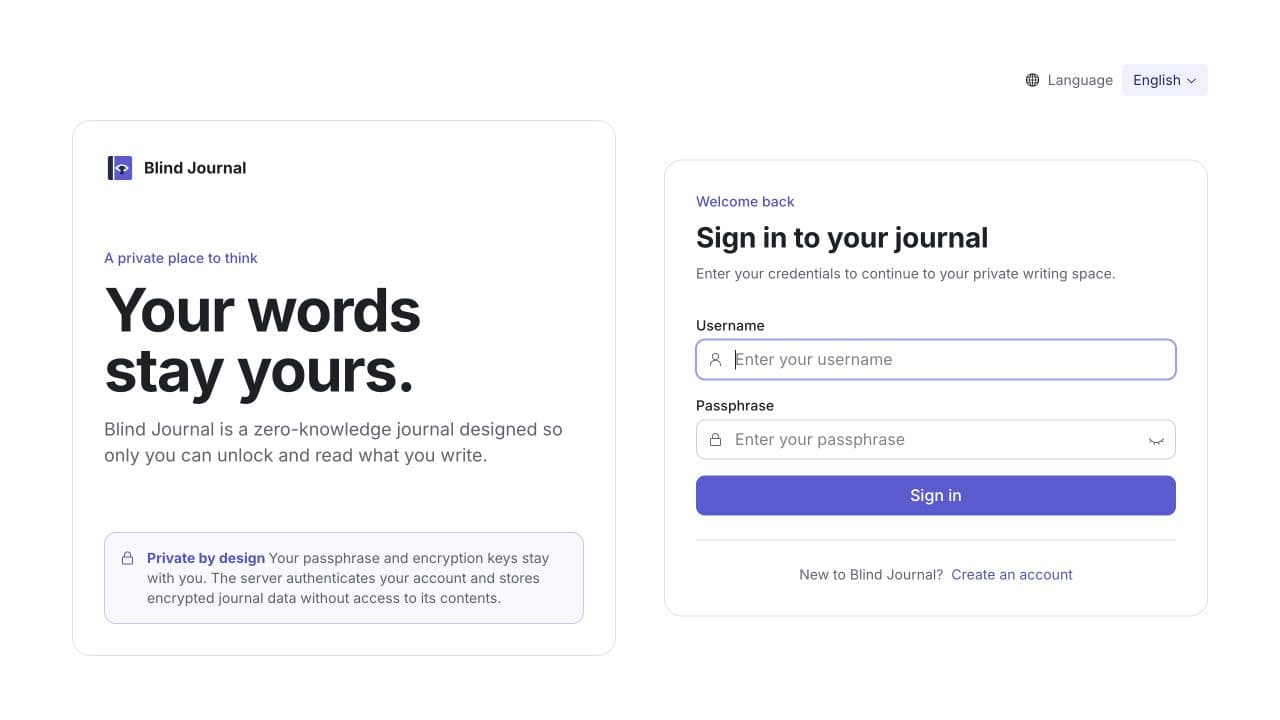 Blind Journal sign-in page explaining its end-to-end encrypted privacy model